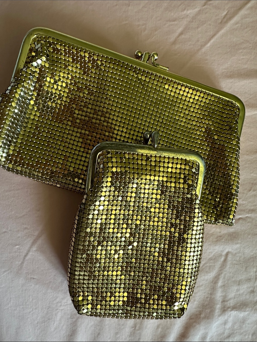 Whiting & Davis Co. Metallic Gold Sequin Clutch and Coin Purse Set Vintage